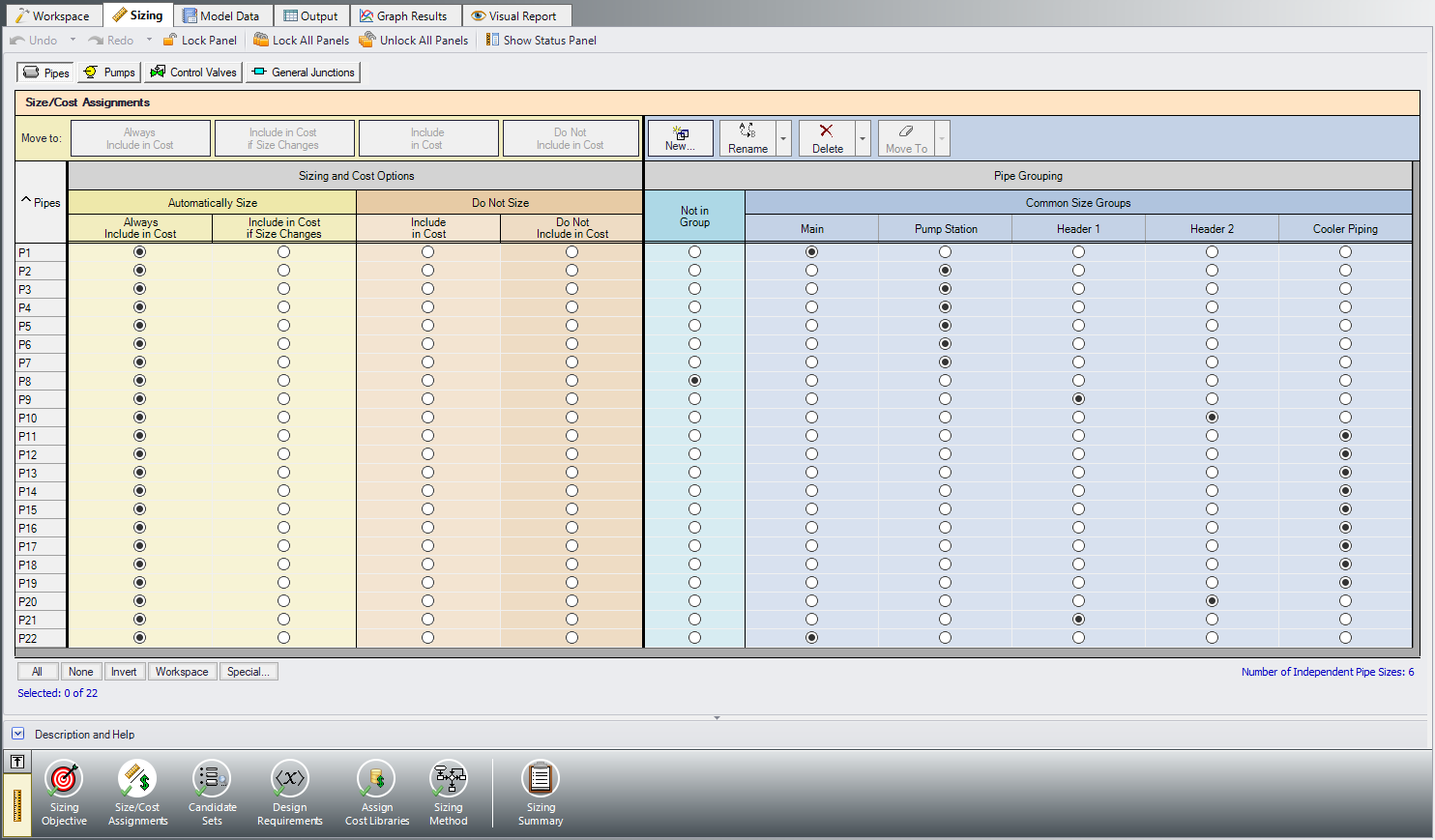 The Size/Cost Assignments panel with Common Size Groups defined as in the text.